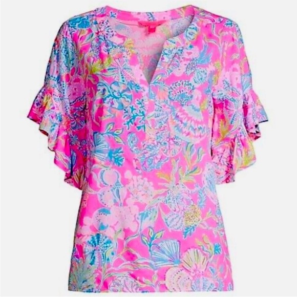 Lilly Pulitzer Quinna Top Pink Isle Shell Me Something Goo XS - Picture 9 of 9